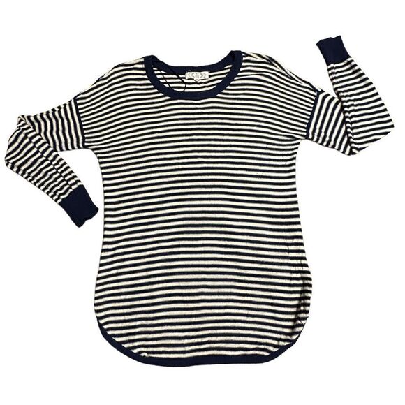 White and Navy Striped Pink Rose Crew neck Sweater Size Medium - Picture 1 of 8